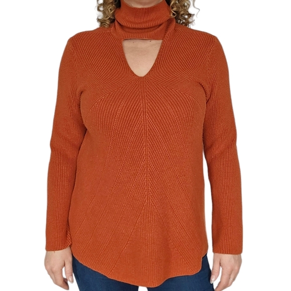 Chico's Knit Turtleneck Long Sleeve Cutout Sweater Burnt Orange Size 2 - Picture 1 of 4